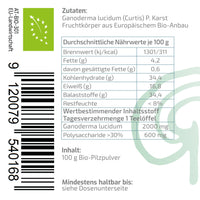 Bio Reishi Plus 10% Extrakt (Ganoderma lucidum) Pulver 100 g aus EU-Anbau