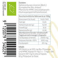 Bio Cordyceps Gold Kapseln 10mg Cordycepin/g | 120 Kapseln je 500mg Cordyceps sinensis | Cordyceps Bio Pulver (Chinesischer Raupenpilz) aus EU-Bio-Landwirtschaft